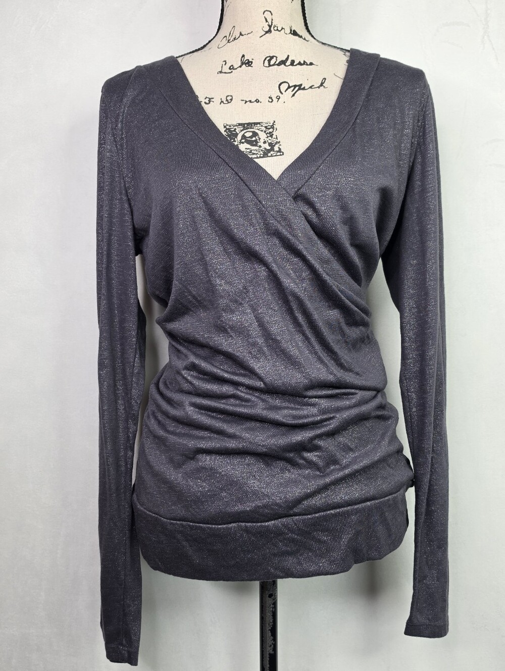 Vanity Essentials Metallic Metallic Charcoal Surplice Wrap Top L Shimmer Ruched